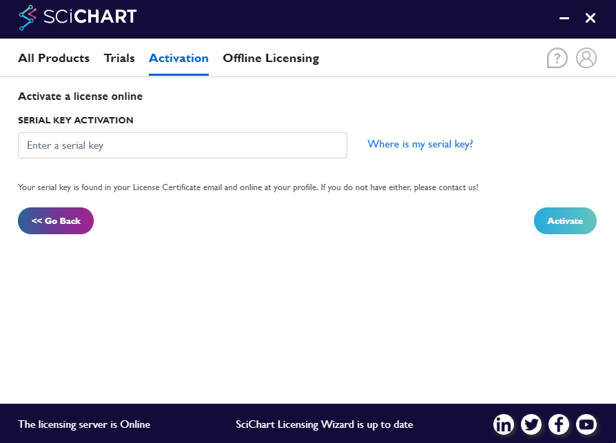 Activating a scichart.js license using the licensing wizard