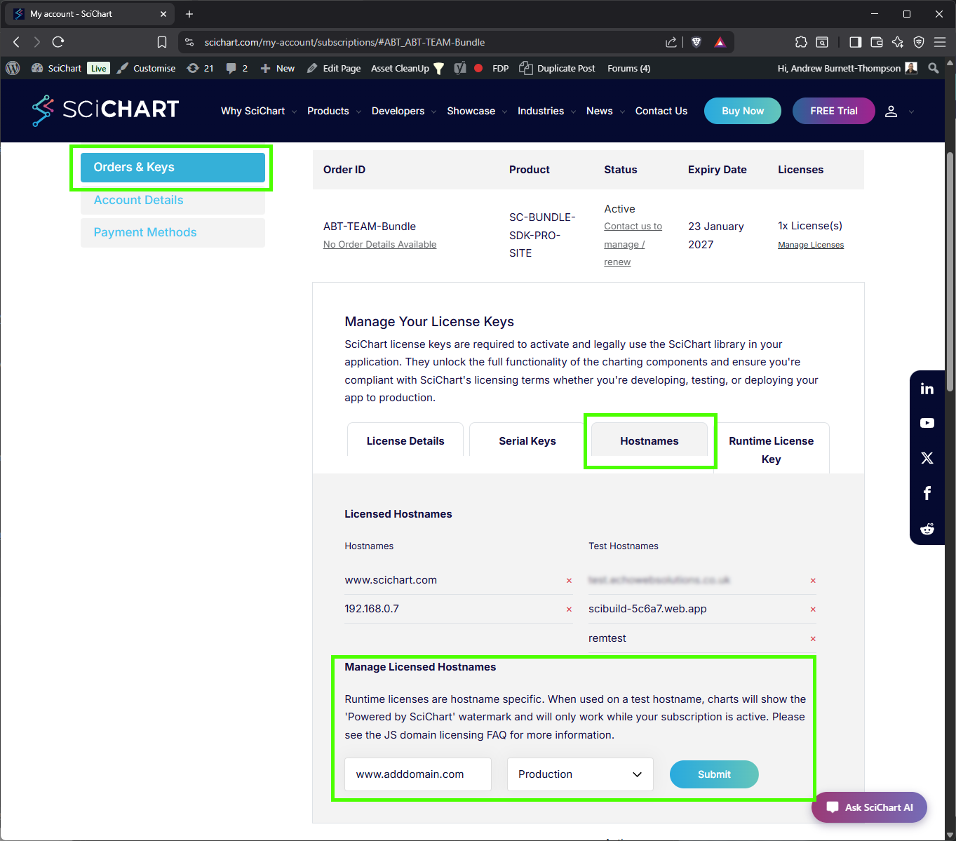 Adding Production Domains to your license key - scichart.js