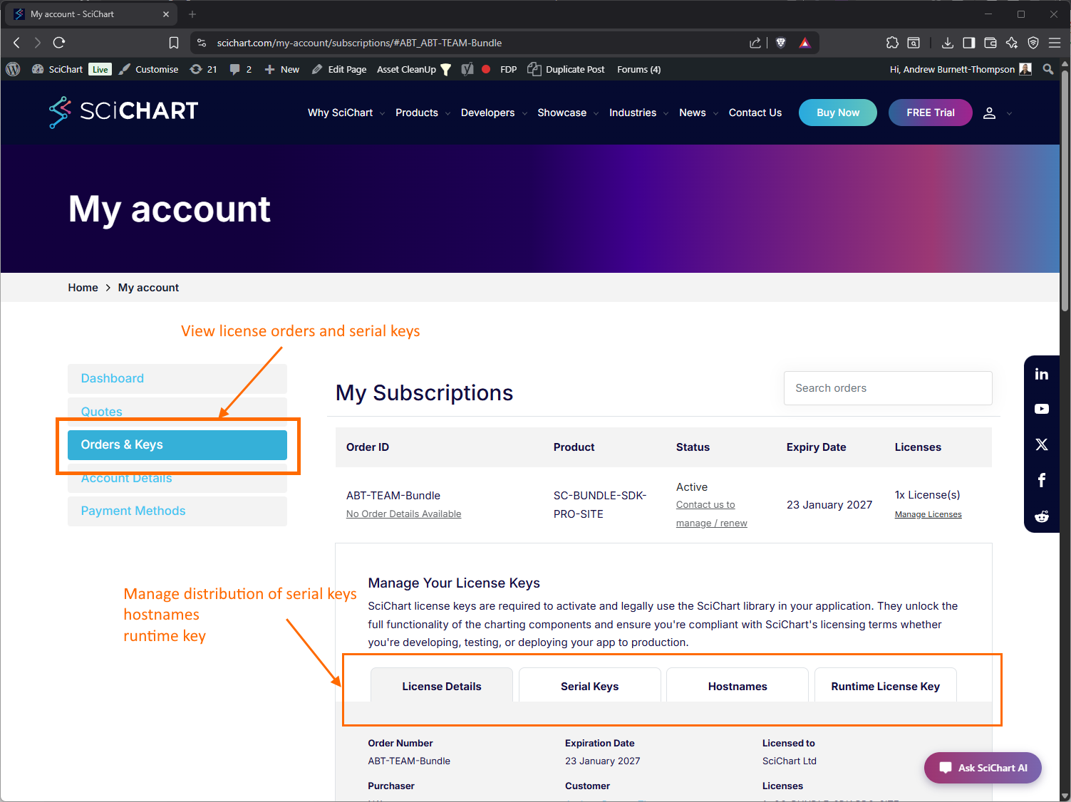 Where to find my scichart.js license - my account page