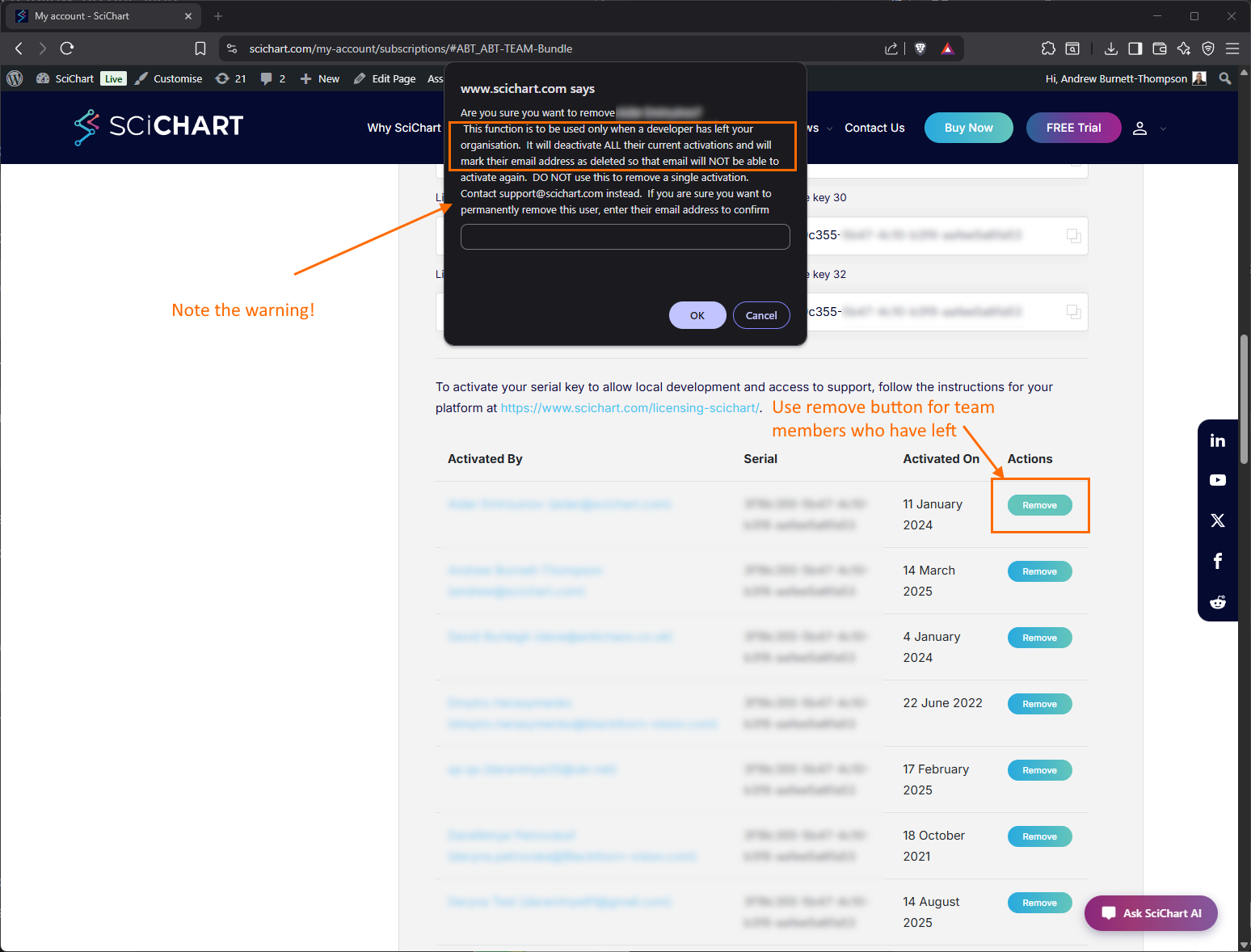 Unassign or remove a developer license activation from your team - scichart