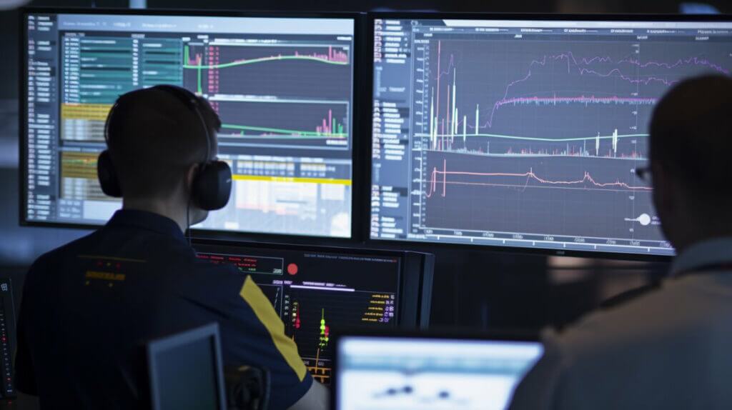 racing engineers looking at two big screens with a lot of racing graph data